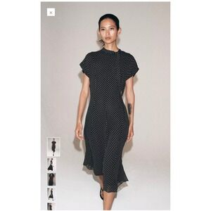 Zara Polka Dot Midi Dress Black White High Neck Tie Keyhole Back XL